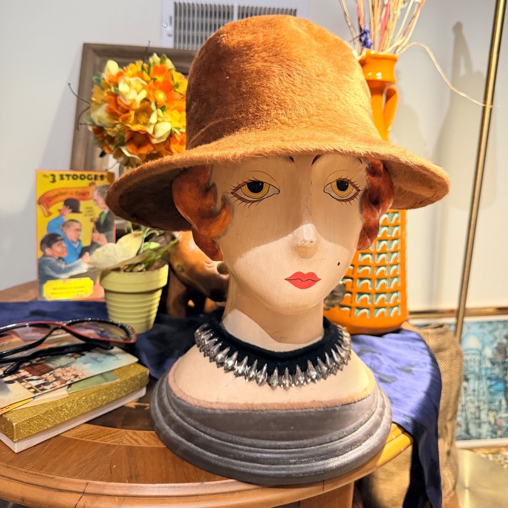 Vintage 1960s Furry Bucket Hat Cognac Brown Plush Retro Cloche Mod Hat